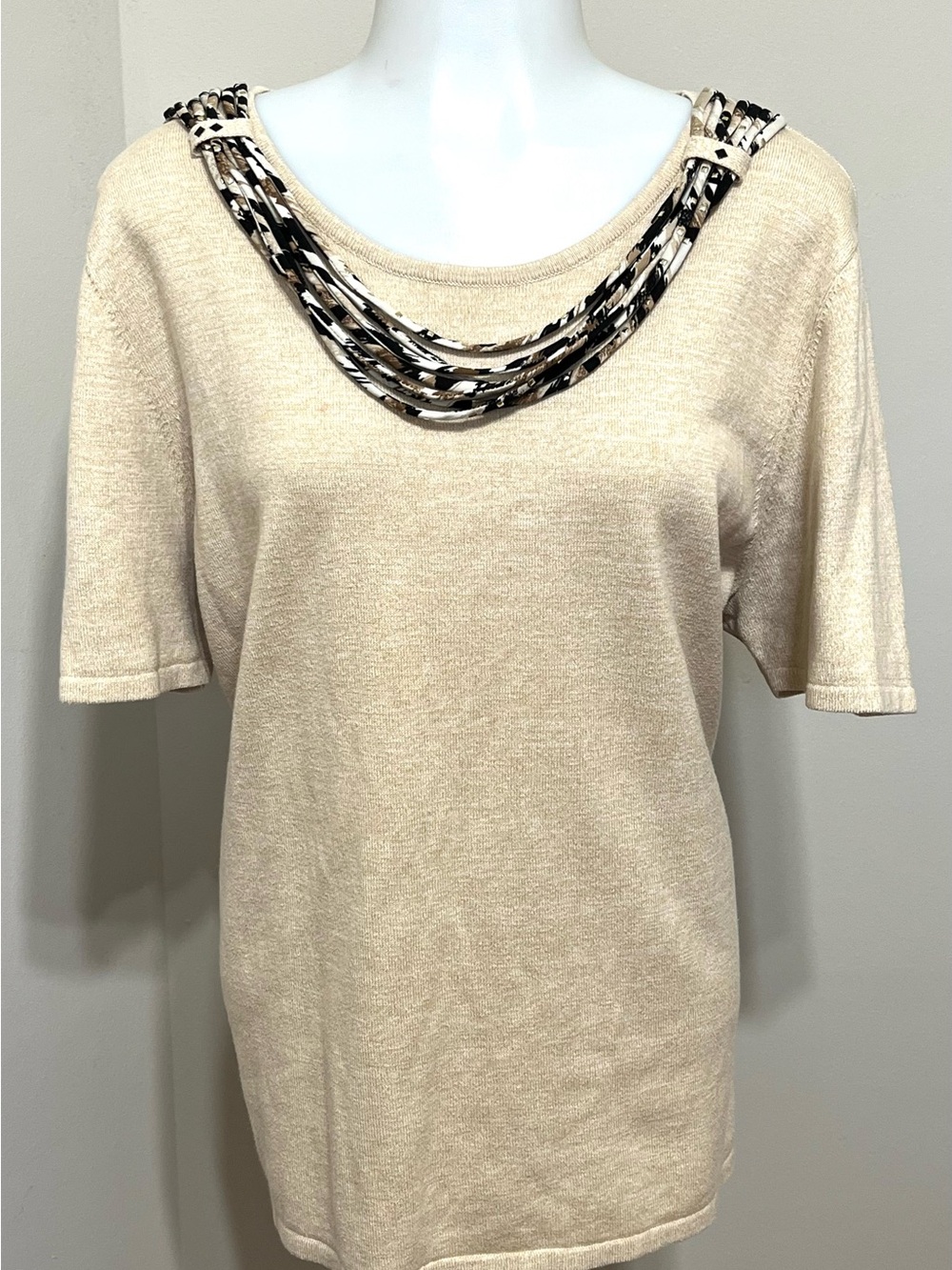 Neutral Beige Short-Sleeve Knit Top with Multi neckline trim Tie Detail